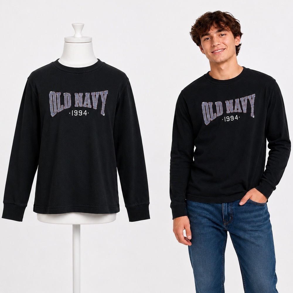 Y2K Old Navy Tee Boys L Black Long Sleeve Applique Logo 1994 Crew Neck Vintage